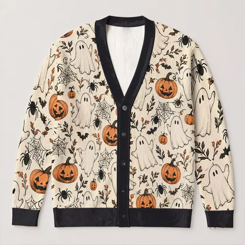 Ghost Pumpkin Halloween Motifs for Cozy Autumn Layering and Festive Gatherings, Women All-over Print Knitted Cardigan