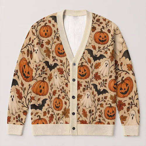 Pumpkins, Friendly Ghosts and Bats for Autumn Halloween Layering and Fall Gatherings All-over Print Knitted Cardigan
