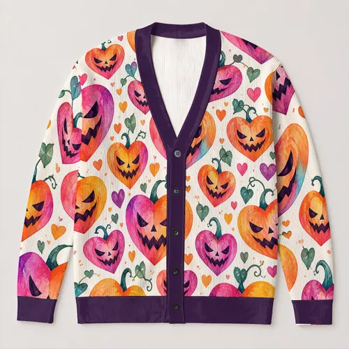 Watercolor Jack-O'-Lantern Heart Faces For Halloween Gatherings And Autumn Layering All-over Print Knitted Cardigan