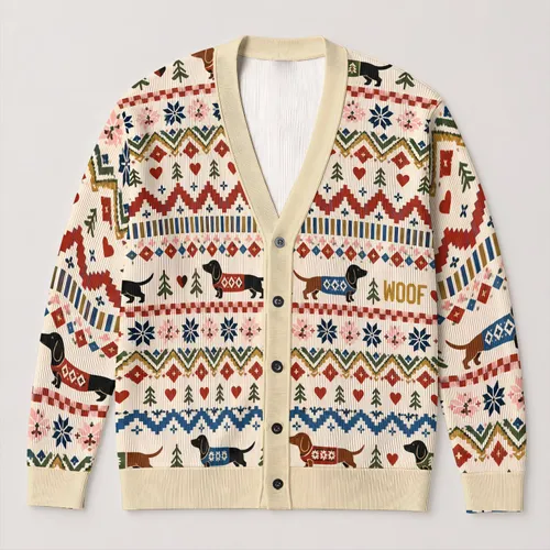 Sausage Dog Fair Isle Motifs for Cozy Weekend Layering and Everyday Womens Style All-over Print Knitted Cardigan