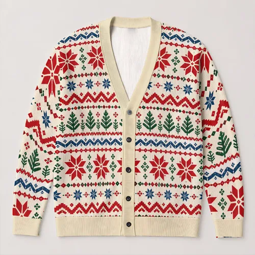 Fair Isle Snowflake Holiday Layers For Women, Cozy Winter Weekend Outfit Styling All-over Print Knitted Cardigan
