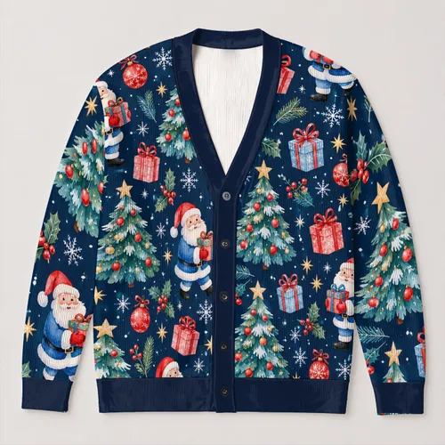 Santa Claus Christmas Trees and Gifts for Festive Holiday Layering for Women at Home All-over Print Knitted Cardigan