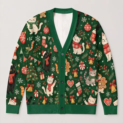 Festive Cat And Christmas Tree Holiday Cheer For Cozy Winter Parties And Gift Giving All-over Print Knitted Cardigan