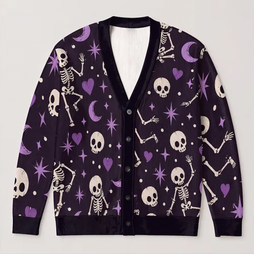 Gothic Skeleton Hearts and Moons for Halloween Nights and Casual Autumn Style for Women All-over Print Knitted Cardigan