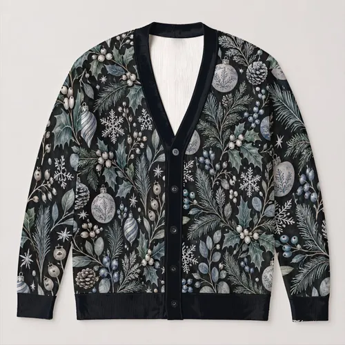 Winter Holly Pine Botanical Motifs for Cozy Holiday Layering and Cold-Weather Style All-over Print Knitted Cardigan