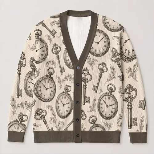 Vintage Pocket Watches And Ornate Keys For Everyday Layering, Women’s Classic Style All-over Print Knitted Cardigan