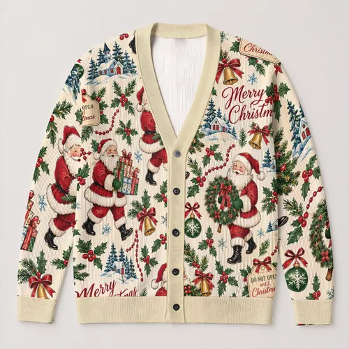 Vintage Santa Claus Christmas Holiday Scenes for Cozy Winter Layering and Parties All-over Print Knitted Cardigan