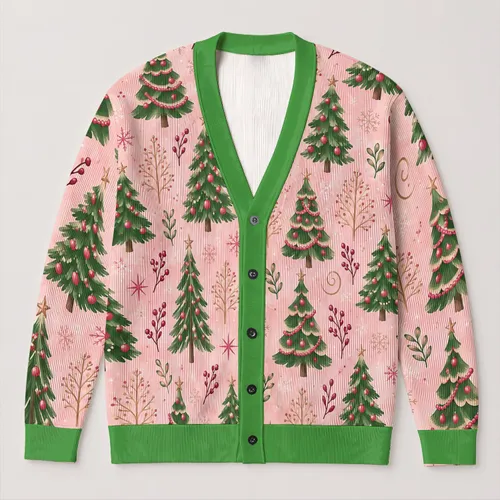 Pink Christmas Tree Motifs for Festive Holiday Gatherings and Cheerful Winter Layering All-over Print Knitted Cardigan