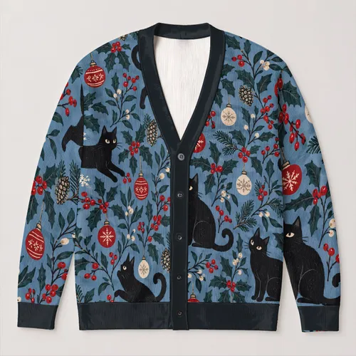 Black Cat Holly Holiday Motifs for Cozy Winter Layering, Women's Seasonal Style All-over Print Knitted Cardigan