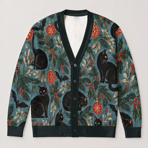 Black Cat Evergreen Ornaments For Cozy Holiday Layering, Women’s Winter Wardrobe All-over Print Knitted Cardigan