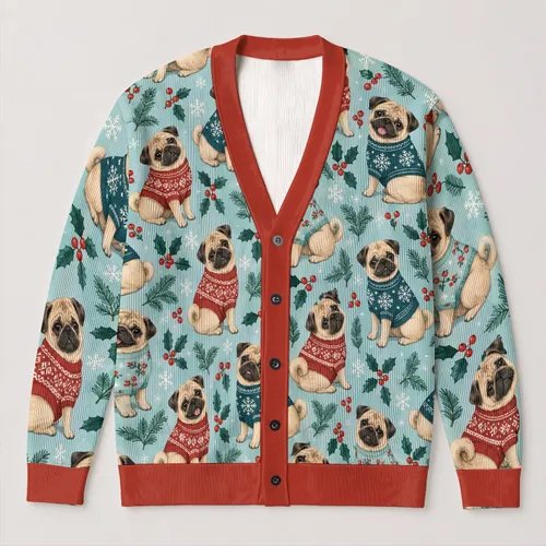 Pug Dogs in Cozy Winter Sweaters for Holiday Layering and Cheerful Everyday Style All-over Print Knitted Cardigan
