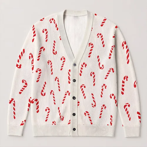 Red Candy Cane Motifs for Cozy Winter Gatherings, Holiday Parties, and Casual Family Style All-over Print Knitted Cardigan