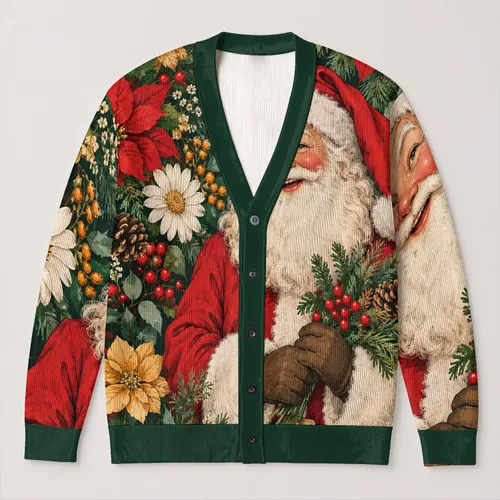 Santa Floral Holiday Celebration For Festive Winter Gatherings And Everyday Seasonal Cheer All-over Print Knitted Cardigan