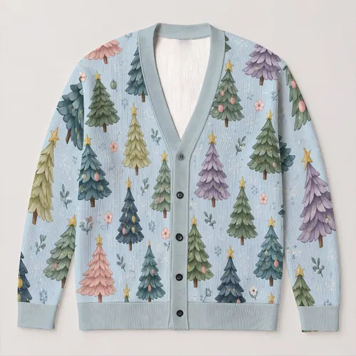 Pastel Christmas Trees for Cozy Holiday Layering and Everyday Winter Weekend Style All-over Print Knitted Cardigan