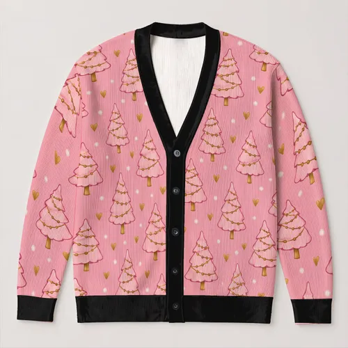 Pink Christmas Trees With Golden Hearts For Festive Layering And Cozy Holiday Style All-over Print Knitted Cardigan