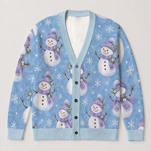 Whimsical Snowmen in Lavender Hats for Cozy Holiday Layering and Winter Cheer Style All-over Print Knitted Cardigan