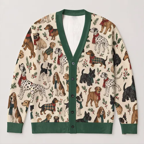 Vintage Dog Motif Everyday Layering Gift for Dog Lovers and Cozy Weekend Outings All-over Print Knitted Cardigan