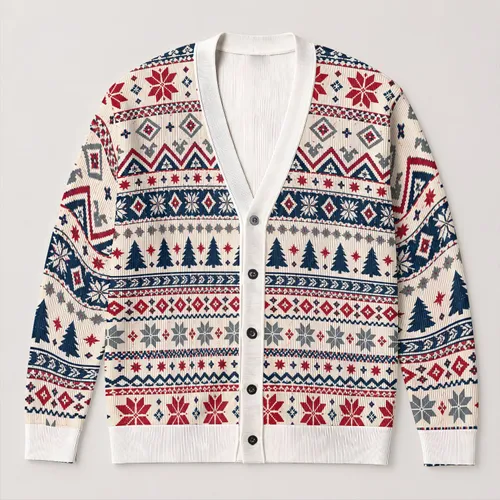 Snowflake Pine Tree Fair Isle Holiday Motifs For Cozy Winter Layering And Gifting All-over Print Knitted Cardigan