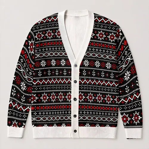 Black Red Nordic Geometric Motifs for Holiday Layering and Casual Men's Everyday Style All-over Print Knitted Cardigan
