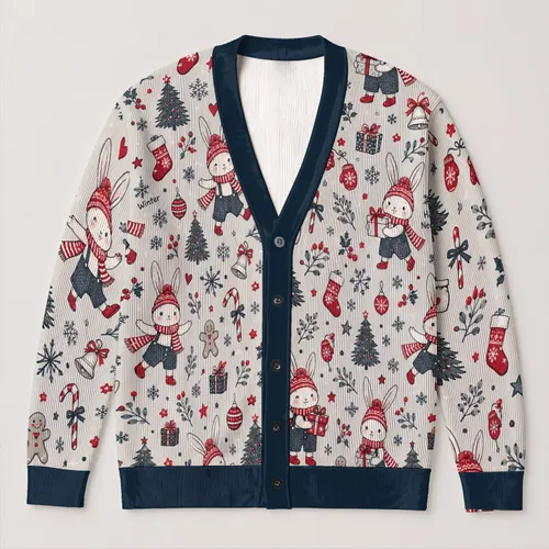 Christmas Rabbit Holiday Gift Box Snowflake Style For Women’s Winter Party Cheer All-over Print Knitted Cardigan