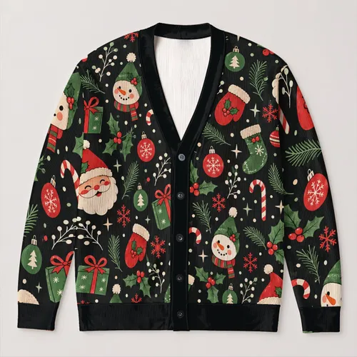 Cute Christmas Santa Faces And Holly For Cozy Holiday Gatherings, Women’s Festive Style All-over Print Knitted Cardigan