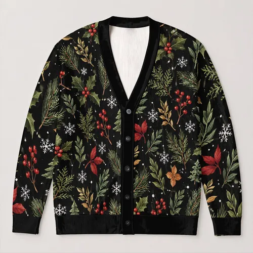 Winter Botanical Holly Sprig Motifs for Cozy Autumn Holiday Layering, Women’s Gift All-over Print Knitted Cardigan