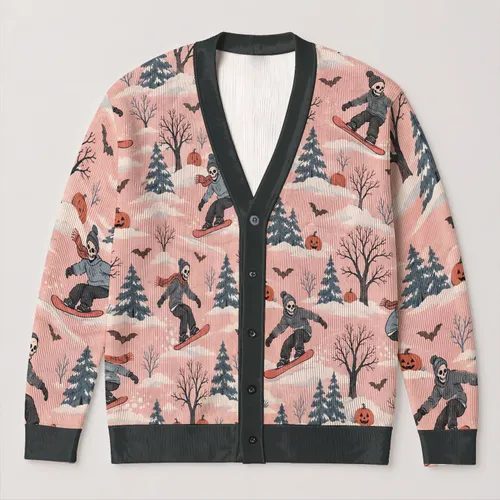 Pink Skeleton Skaters And Pumpkins For Halloween Gatherings, Women’s Festive Style All-over Print Knitted Cardigan
