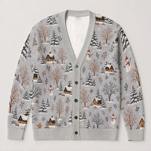Snowy Cabin Forest with Bare Trees for Cozy Holiday Layering Women's Winter Style All-over Print Knitted Cardigan