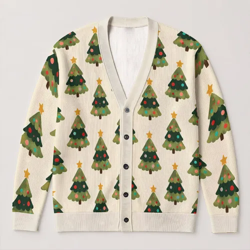 Festive Evergreen Trees With Colorful Ornaments For Christmas Parties And Cozy Layering All-over Print Knitted Cardigan
