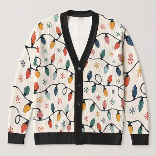 Multicolor Holiday Light Strings and Snowflake Motifs for Cozy Winter Parties and Nights All-over Print Knitted Cardigan