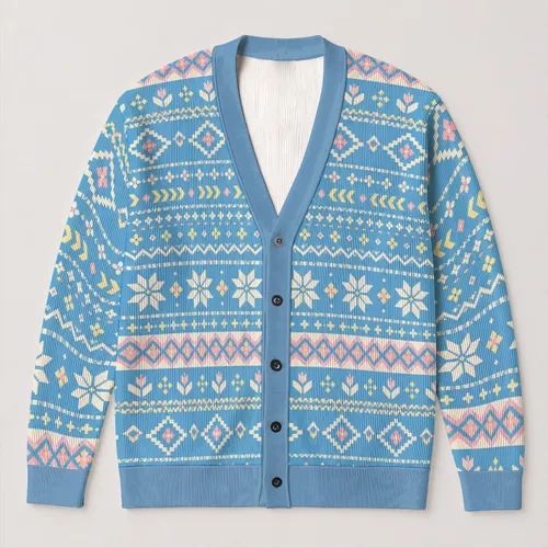 Pastel Nordic Geometric Motifs for Casual Layering and Everyday Travel Wear Women All-over Print Knitted Cardigan