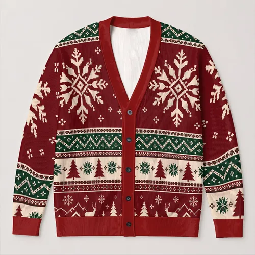 Nordic Snowflake and Evergreen Holiday Motifs for Cozy Winter Layering, Women’s Gift All-over Print Knitted Cardigan
