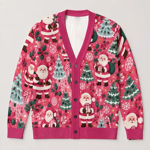 Pink Santa Claus Christmas Holiday Style for Festive Winter Layering and Gift Giving All-over Print Knitted Cardigan