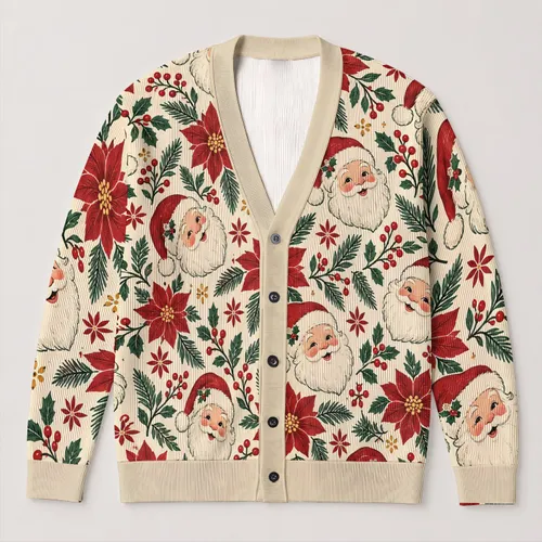 Santa Poinsettia Holiday Style for Cozy Christmas Layering, Gatherings, and Parties All-over Print Knitted Cardigan