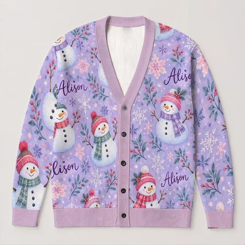 Cute Snowmen And Snowflakes For Cozy Winter Days In Soft Lavender Holiday Style Aesthetic All-over Print Knitted Cardigan