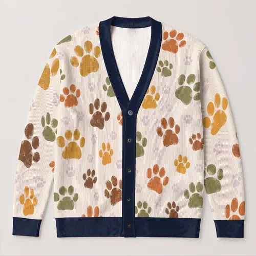 Colorful Cat Paw Motifs for Cozy Campus Layers and Pet-Friendly Weekend Outfits All-over Print Knitted Cardigan