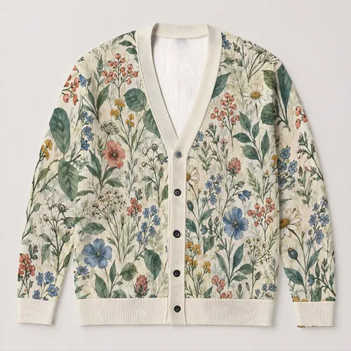 Botanical Wildflower Blooms For Relaxed Weekend Layering And Everyday Cottage Style All-over Print Knitted Cardigan