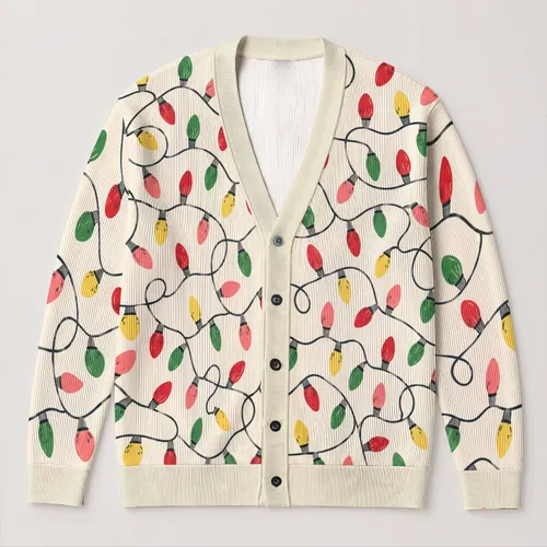 Colorful Holiday String Lights On Ivory For Cozy Winter Layering And Festive Gatherings All-over Print Knitted Cardigan