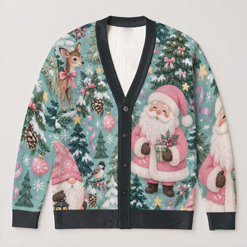 Santa Claus Holiday Gnome Wonderland for Cozy Winter Gatherings and Festive Layering All-over Print Knitted Cardigan