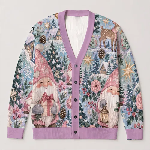 Rosy Gnome Christmas Scenes for Cozy Winter Layering and Festive Everyday Style Wear All-over Print Knitted Cardigan