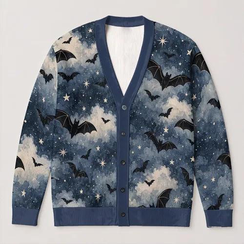 Moonlit Bats And Stars For Cozy Autumn Layering, Whimsical Night Style For Women All-over Print Knitted Cardigan