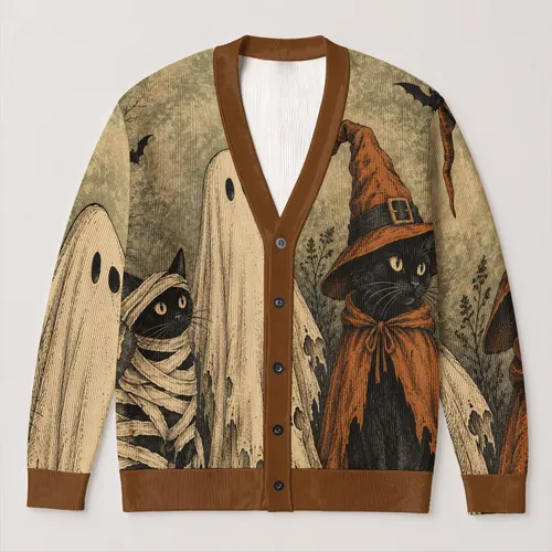 Halloween Black Cat Ghost Trio for Autumn Gatherings and Layering with Whimsical Charm All-over Print Knitted Cardigan