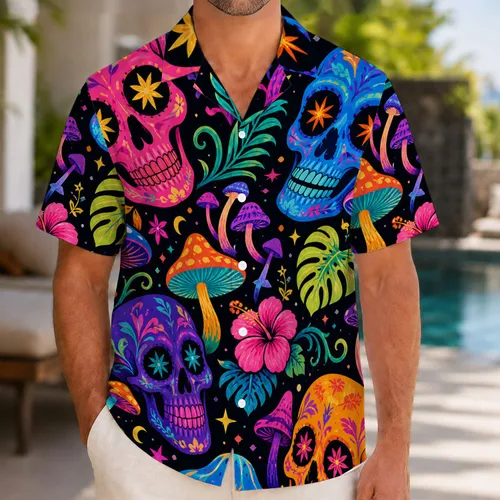 Neon Skull Mushroom Motifs for Festival Travel and Summer Beach Vacation Style Hawaiian Shirt