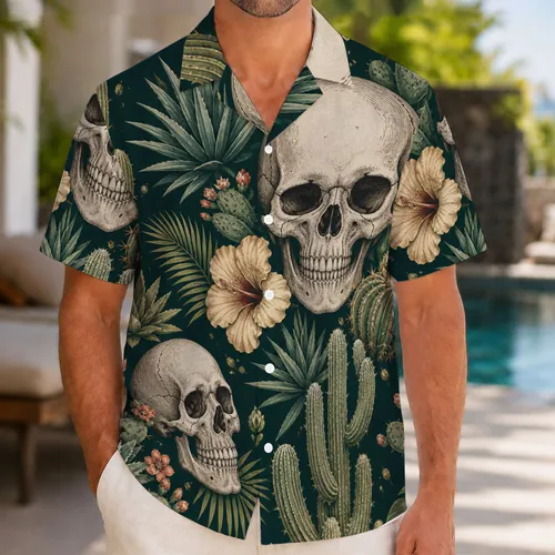 Skull Cactus Desert Oasis Style for Beach Vacations and Summer Getaways for Men’s Travel Hawaiian Shirt
