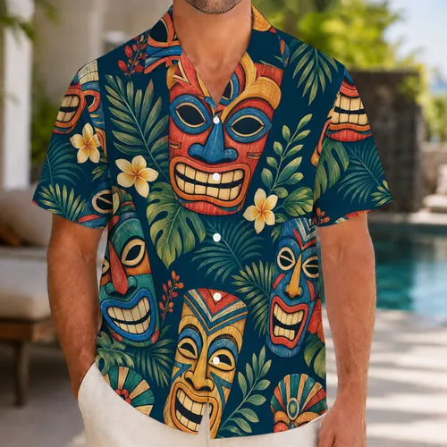 Tiki Mask Jungle Faces for Beach Vacations, Luau Nights, and Island Getaways for Men Hawaiian Shirt