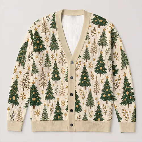 Evergreen Tree Holiday Motif For Cozy Winter Layering, Women's Festive Everyday Style All-over Print Knitted Cardigan