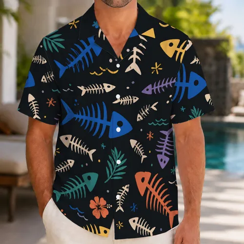 Colorful Fishbone Ocean Motifs For Beach Holidays And Coastal Casual Wear For Men Hawaiian Shirt