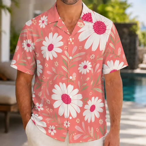 Pink Daisy Garden with White Blooms for Sunny Beach Days and Resort Vacations for Men Hawaiian Shirt