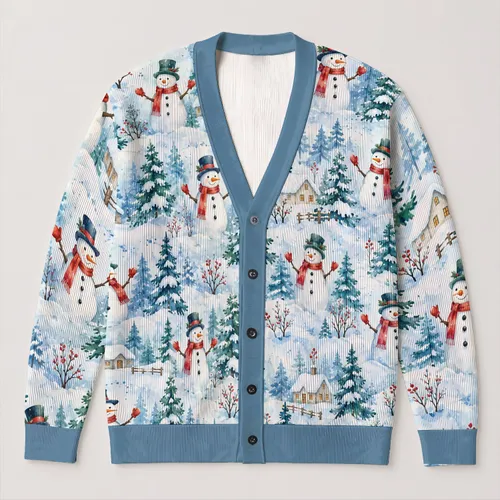 Watercolor Snowman Winter Scene for Cozy Holiday Layering and Everyday Cold Weather Style All-over Print Knitted Cardigan