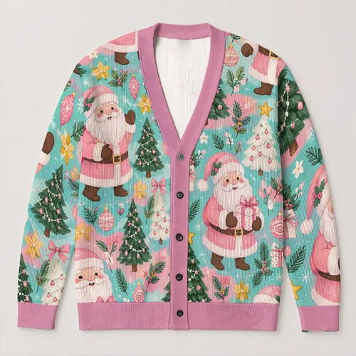 Pink Santa Claus Holiday Scene for Cozy Vacation Layering, Women’s Festive Style All-over Print Knitted Cardigan
